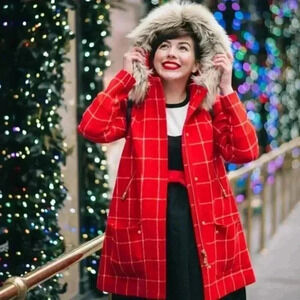 J. Crew Red Plaid Coat with Faux Fur Hood